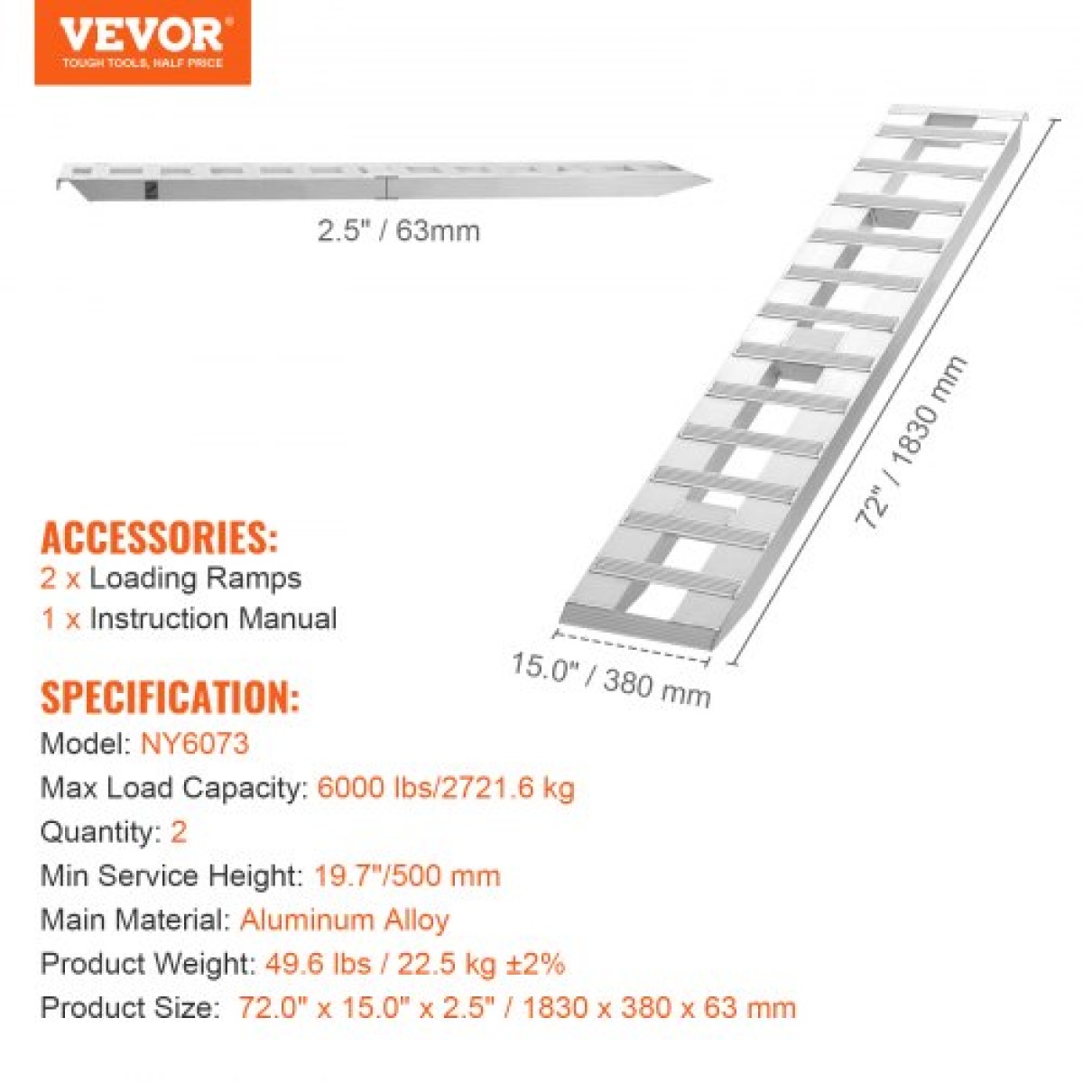 VEVOR 182,9x38,1 cm Ράμπες Αλουμινίου 2721,6 kg Χωρητικότητα ράμπες φόρτωσης 2 ΤΕΜ