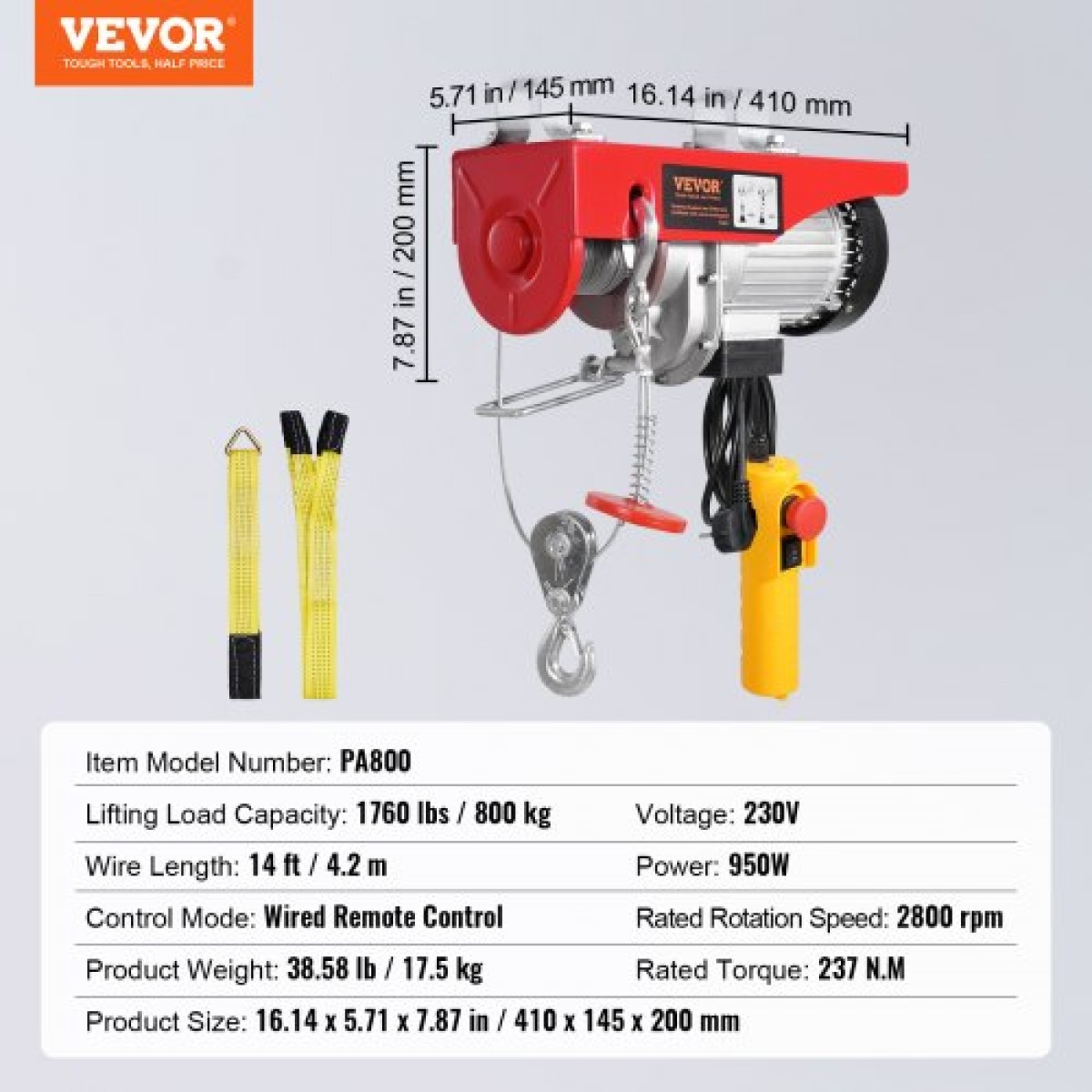 VEVOR Electric Hoist Crane Winch 798,3 kg με 426,7 cm Ενσύρματο Τηλεχειριστήριο 230V