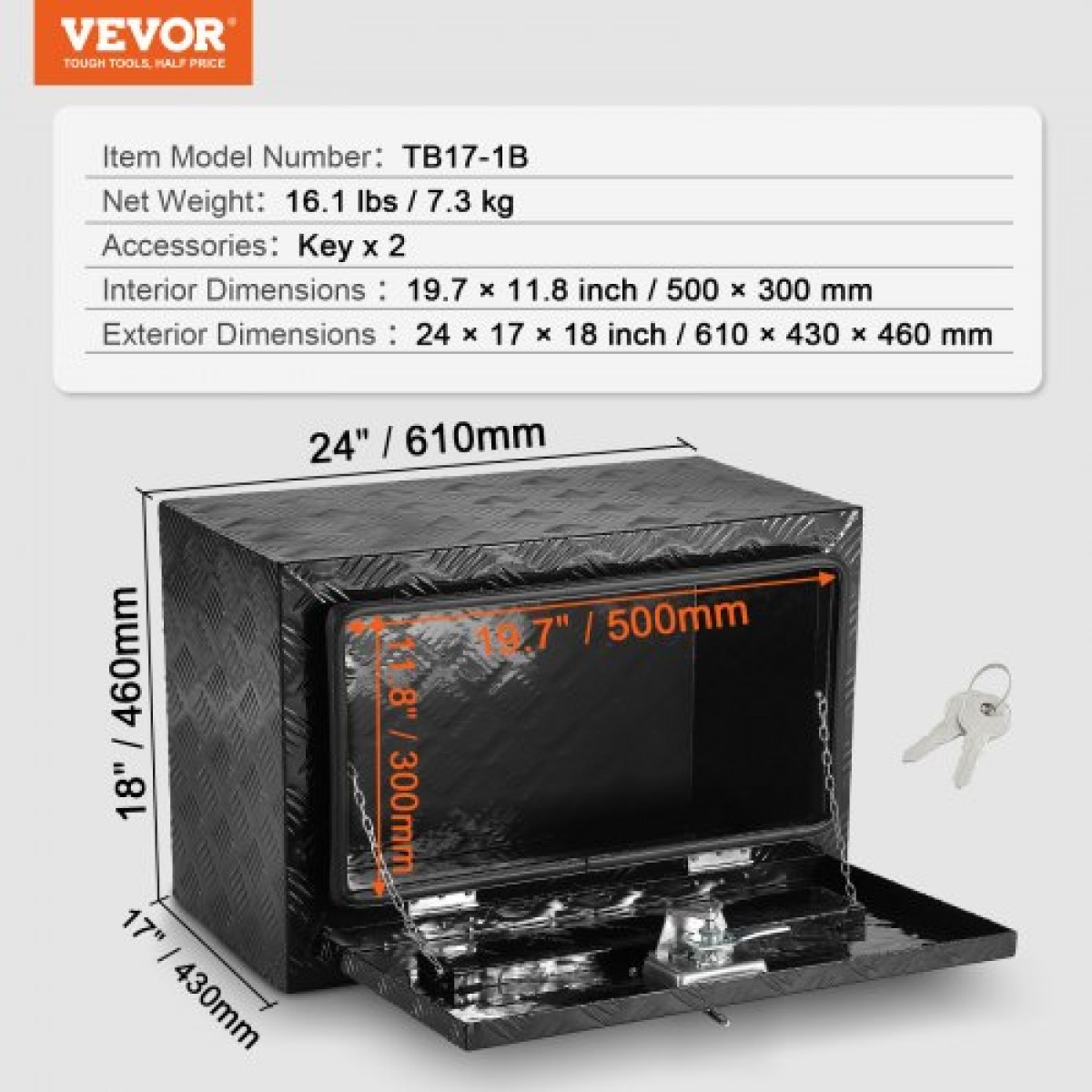 VEVOR Underbody Truck Box, 24" x 17" x 18" Pickup Storage Box, Heavy Duty Diamond Plate Tool Box με κλειδαριά και κλειδιά, Αδιάβροχο κουτί αποθήκευσης τρέιλερ με μάνταλο T-handle για φορτηγό, φορτηγό, τρέιλερ