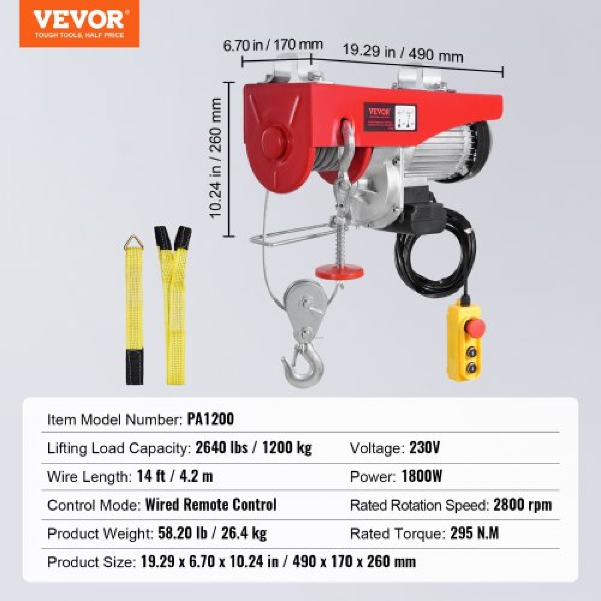 VEVOR Electric Hoist Crane Winch 1197,5 kg με 426,7 cm Ενσύρματο Τηλεχειριστήριο 230V