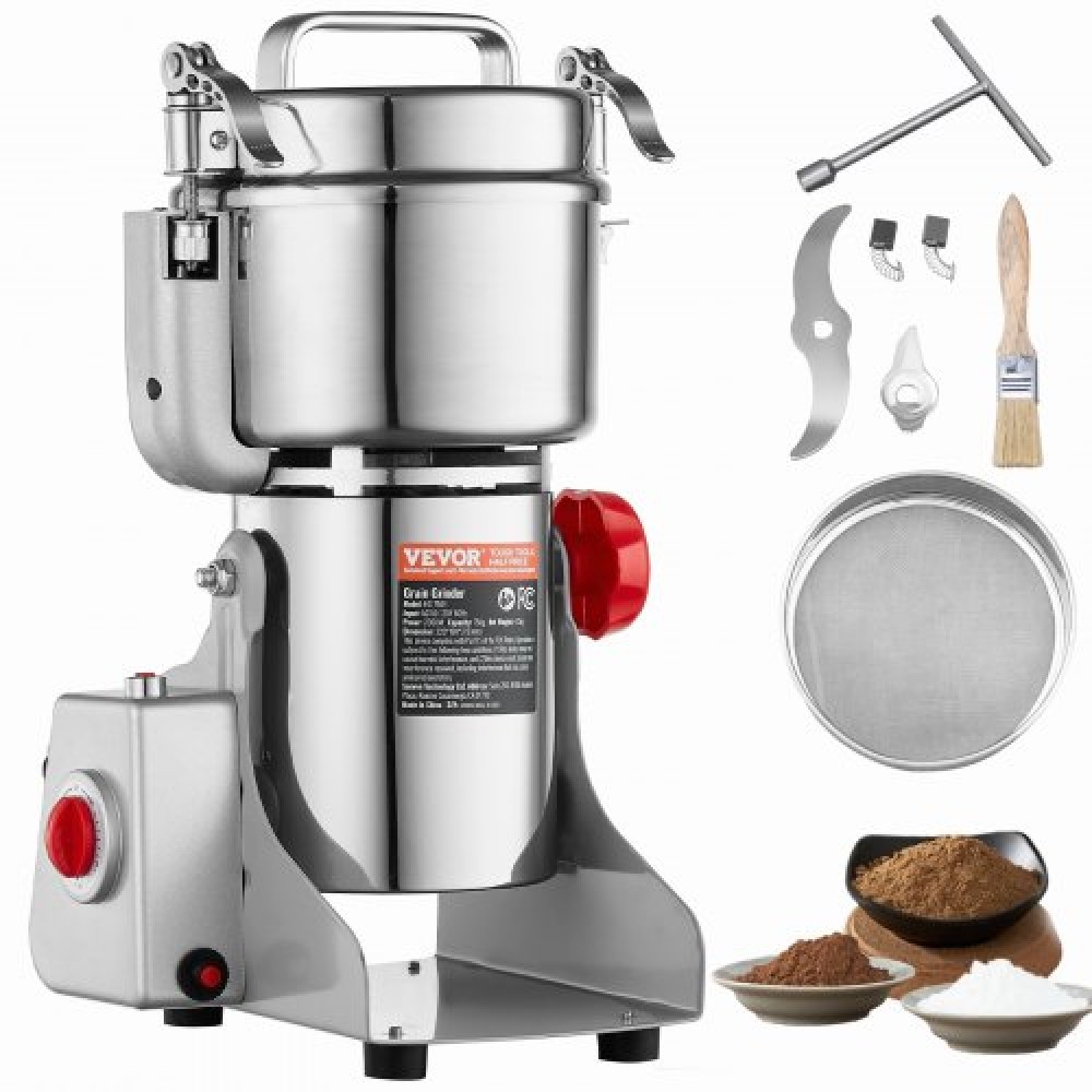 VEVOR 750g Ηλεκτρικός μύλος σιτηρών, Εμπορικοί μύλοι μπαχαρικών υψηλής ταχύτητας 2000W, Μηχάνημα σε σκόνη πολτοποιητής από ανοξείδωτο χάλυβα, για ξηρούς κόκκους Μπαχαρικά Δημητριακά Καφές πιπέρι καλαμποκιού, Τύπος ταλάντευσης