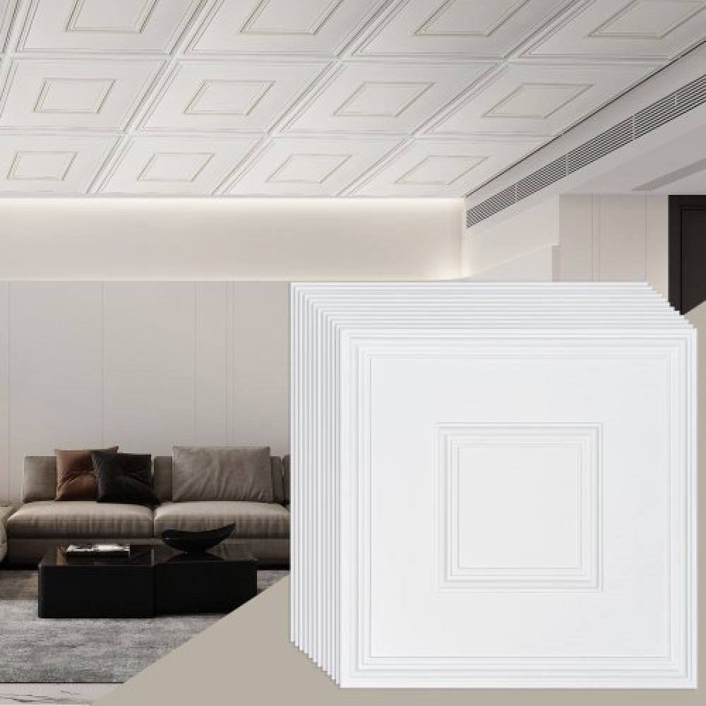 Πλακάκια οροφής VEVOR, 12-συσκευασία 24 x 24 ίντσες, Πλακάκια οροφής σε πτώση Premium φύλλο PVC, Εύκολη τοποθέτηση/κόψιμο πλακιδίων οροφής με κόλλα, κάλυμμα οροφής για διακόσμηση σπιτιού/γραφείου, Λευκό γεωμετρικό