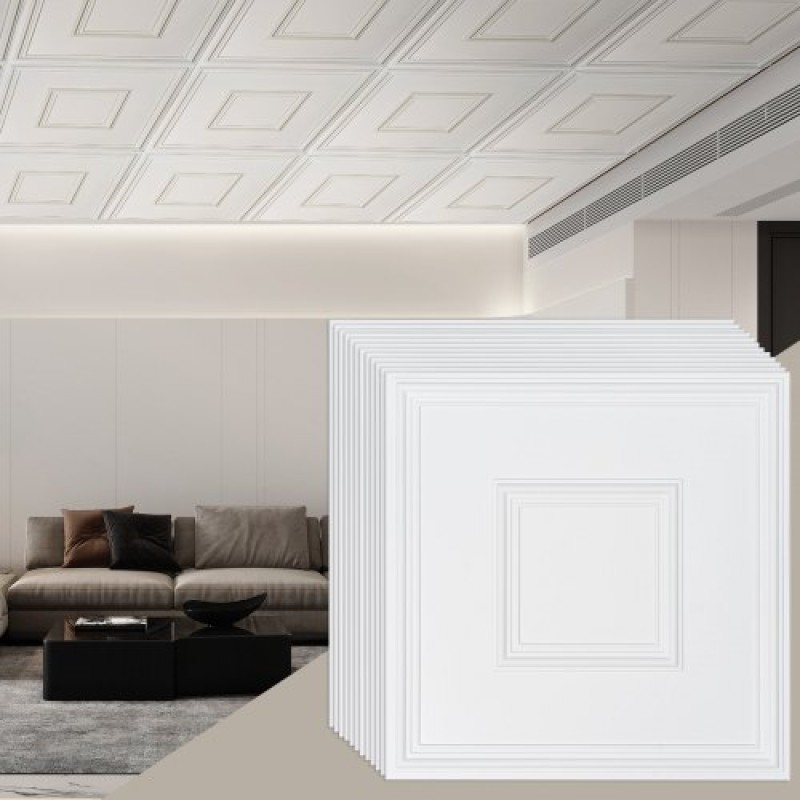 Πλακάκια οροφής VEVOR, 12-συσκευασία 24 x 24 ίντσες, Πλακάκια οροφής σε πτώση Premium φύλλο PVC, Εύκολη τοποθέτηση/κόψιμο πλακιδίων οροφής με κόλλα, κάλυμμα οροφής για διακόσμηση σπιτιού/γραφείου, Λευκό γεωμετρικό
