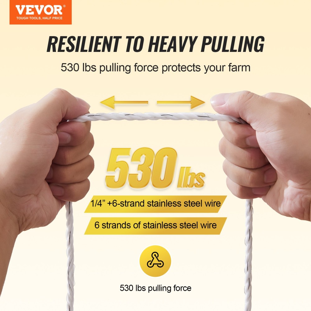 VEVOR Electric Fence Wire, 656Ft 200M Portable Polywire, 1/4" Diameter 6 Inox Strands for Αξιόπιστη αγωγιμότητα και UV, Αντοχή στη σκουριά, Σχοινί περίφραξης για άλογα, βοοειδή, ζώα