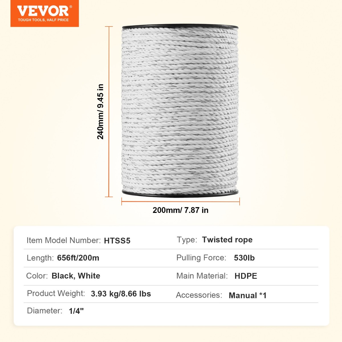 VEVOR Electric Fence Wire, 656Ft 200M Portable Polywire, 1/4" Diameter 6 Inox Strands for Αξιόπιστη αγωγιμότητα και UV, Αντοχή στη σκουριά, Σχοινί περίφραξης για άλογα, βοοειδή, ζώα