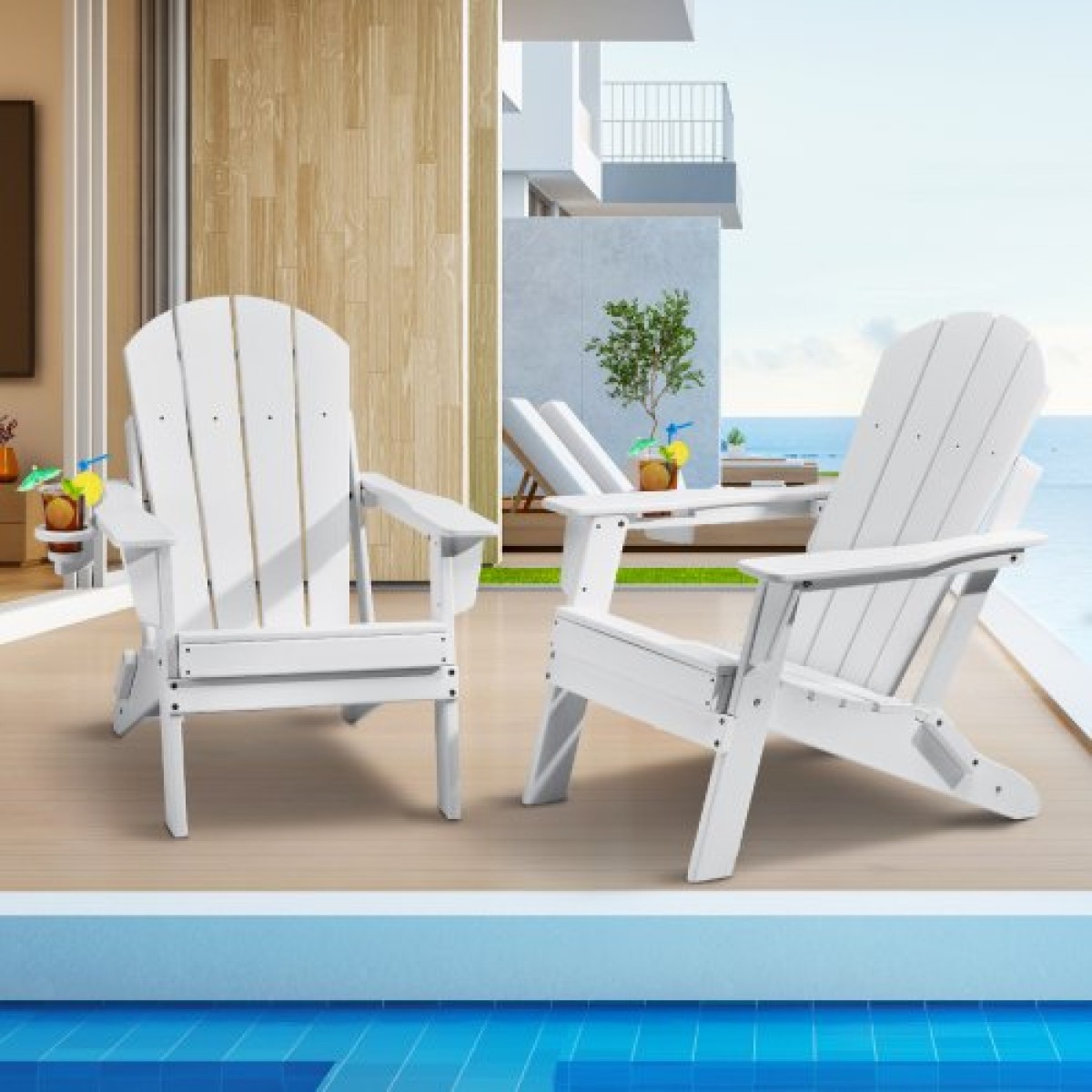Καρέκλα VEVOR Adirondack Πλαστική, Σετ 2 Φορητή Πτυσσόμενη Πυροσβεστική Καρέκλα Παντός Καιρού, Καρέκλα Αίθριου εξωτερικού χώρου Adirondack με ποτηροθήκη, με Χαλαρωτικό Μπράτσο Εργονομικό, για Κήπο, Πίσω αυλή - Λευκό