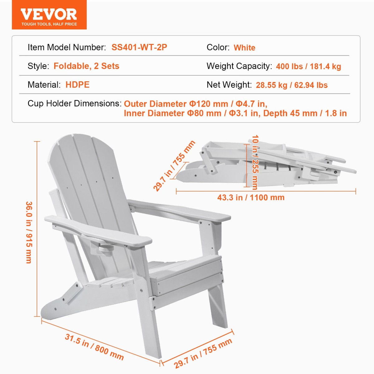 Καρέκλα VEVOR Adirondack Πλαστική, Σετ 2 Φορητή Πτυσσόμενη Πυροσβεστική Καρέκλα Παντός Καιρού, Καρέκλα Αίθριου εξωτερικού χώρου Adirondack με ποτηροθήκη, με Χαλαρωτικό Μπράτσο Εργονομικό, για Κήπο, Πίσω αυλή - Λευκό