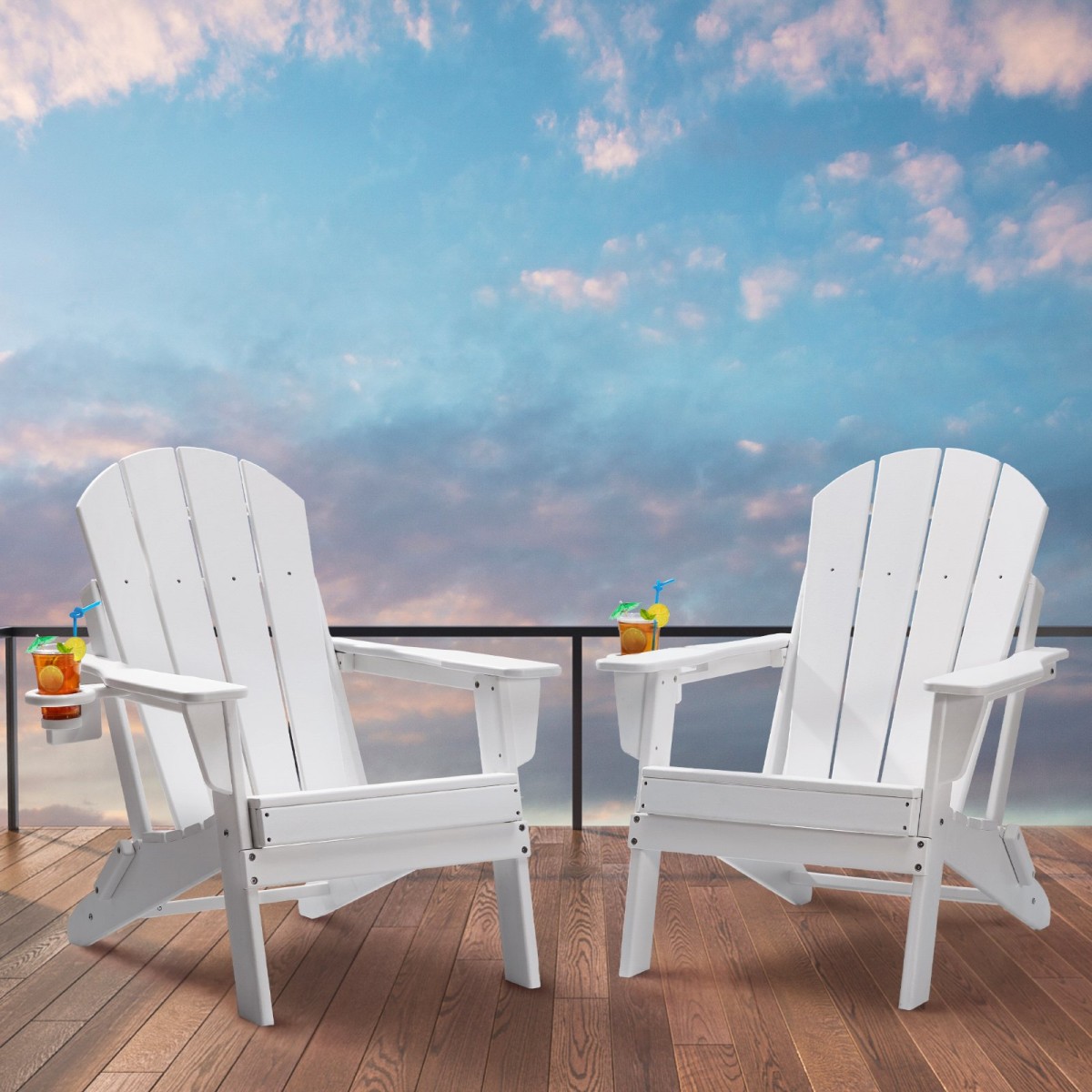Καρέκλα VEVOR Adirondack Πλαστική, Σετ 2 Φορητή Πτυσσόμενη Πυροσβεστική Καρέκλα Παντός Καιρού, Καρέκλα Αίθριου εξωτερικού χώρου Adirondack με ποτηροθήκη, με Χαλαρωτικό Μπράτσο Εργονομικό, για Κήπο, Πίσω αυλή - Λευκό