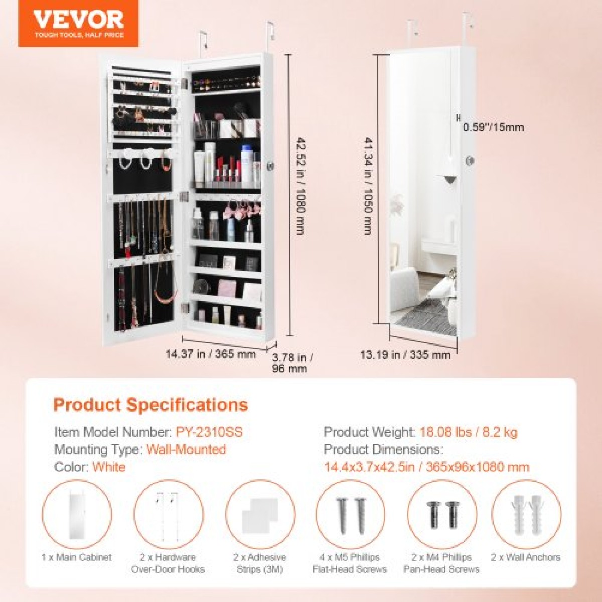 Ντουλάπα κοσμημάτων VEVOR Mirror, 42,52 ιντσών ψηλό ντουλάπι κοσμημάτων με δυνατότητα κλειδώματος με ολόσωμο καθρέφτη, επιτοίχια ή πόρτα οργάνωσης καθρέφτη κοσμημάτων με εσωτερικά φώτα LED και βελούδινη επένδυση, λευκό