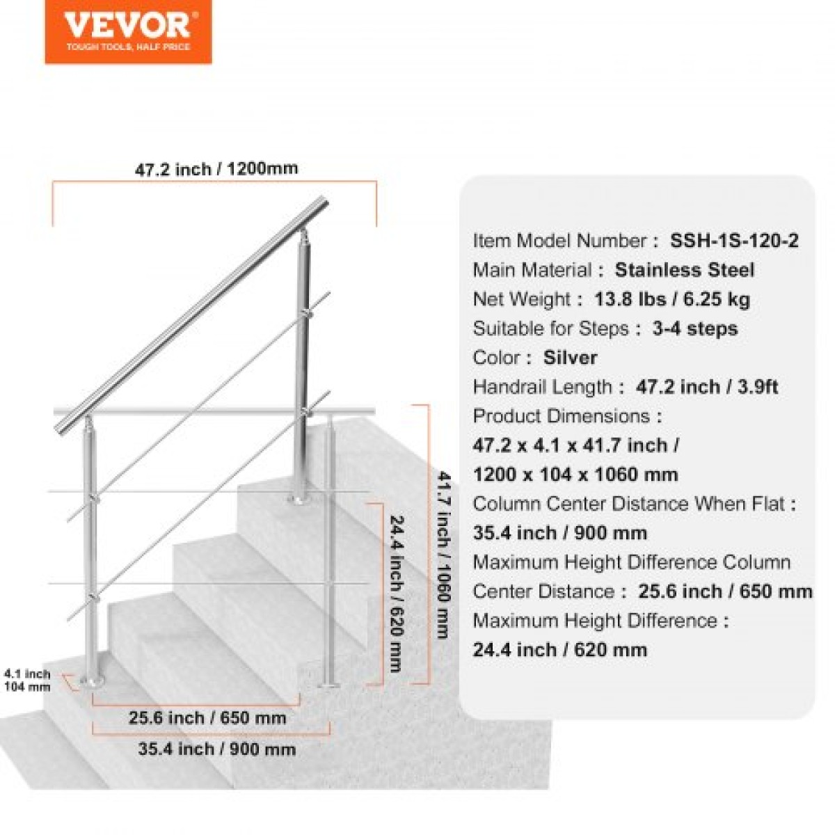 VEVOR 119,9 cm Χειρολαβές για Εξωτερικά σκαλοπάτια 2 Εγκάρσιες ράβδοι Σκάλα για Βεράντα