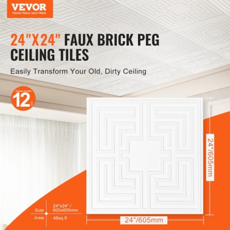 Πλακάκια οροφής VEVOR, 12-συσκευασία 24 x 24 ίντσες, Πλακάκια οροφής σε πτώση Φύλλο PVC Premium, Εύκολη τοποθέτηση/κόψιμο πλακιδίων οροφής με κόλλα, κάλυμμα οροφής για διακόσμηση σπιτιού/γραφείου, Λευκό μοτίβο ηχώ