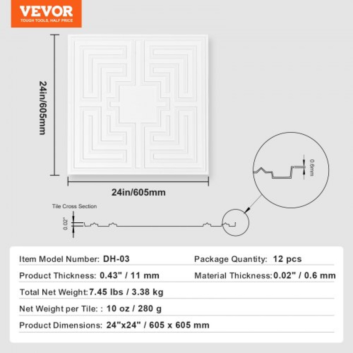 Πλακάκια οροφής VEVOR, 12-συσκευασία 24 x 24 ίντσες, Πλακάκια οροφής σε πτώση Φύλλο PVC Premium, Εύκολη τοποθέτηση/κόψιμο πλακιδίων οροφής με κόλλα, κάλυμμα οροφής για διακόσμηση σπιτιού/γραφείου, Λευκό μοτίβο ηχώ