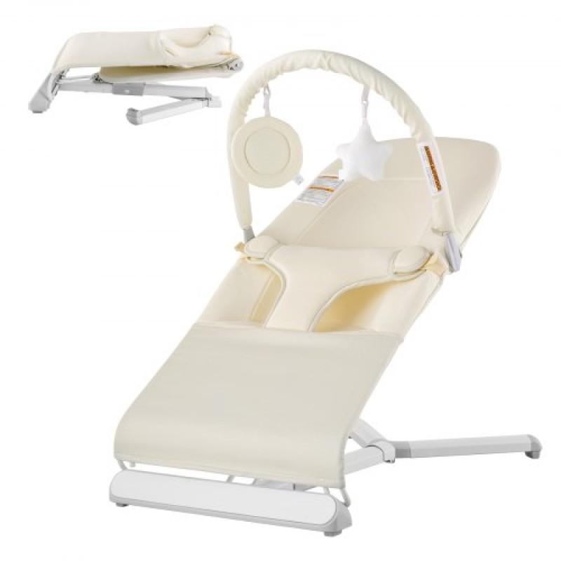 VEVOR Baby Bouncer, Πτυσσόμενο κάθισμα Bouncer για μωρά 0-9 μηνών, Καρέκλα Bouncer νεογέννητων με 2 γωνίες ανάκλισης & περιστρεφόμενη μπάρα παιχνιδιών, φορητό βρεφικό ρολό με τσάντα μεταφοράς για εσωτερικούς χώρους, μπεζ