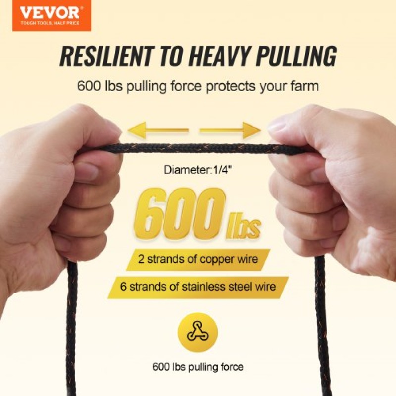 VEVOR Electric Fence Wire, 1000Ft 305M Portable Polywire, 1/4" Diameter 2 Copper Strands for Αξιόπιστη αγωγιμότητα και αντίσταση στη σκουριά, Σχοινί περίφραξης για άλογα, βοοειδή, ζώα