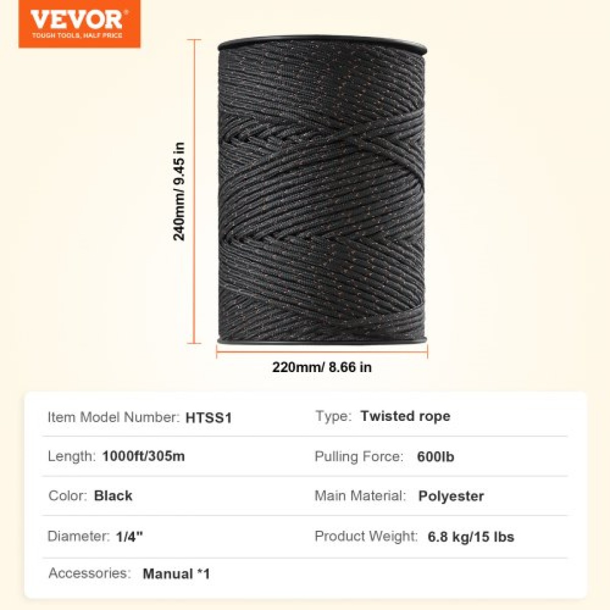 VEVOR Electric Fence Wire, 1000Ft 305M Portable Polywire, 1/4" Diameter 2 Copper Strands for Αξιόπιστη αγωγιμότητα και αντίσταση στη σκουριά, Σχοινί περίφραξης για άλογα, βοοειδή, ζώα