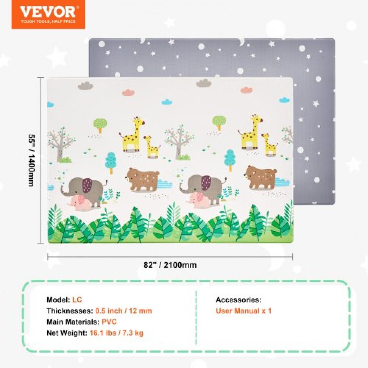 VEVOR Βρεφικό χαλάκι παιχνιδιού, 55""x82"" βρεφικό πατάκι ερπυσμού, αντιολισθητικό μονοκόμματο μαλακό μωρό Playmatt, αναστρέψιμο περιστρεφόμενο πατάκι, αδιάβροχο χαλάκι δραστηριότητας, για μωρά νήπια Βρέφη, παιχνίδι και χρόνος κοιλιάς