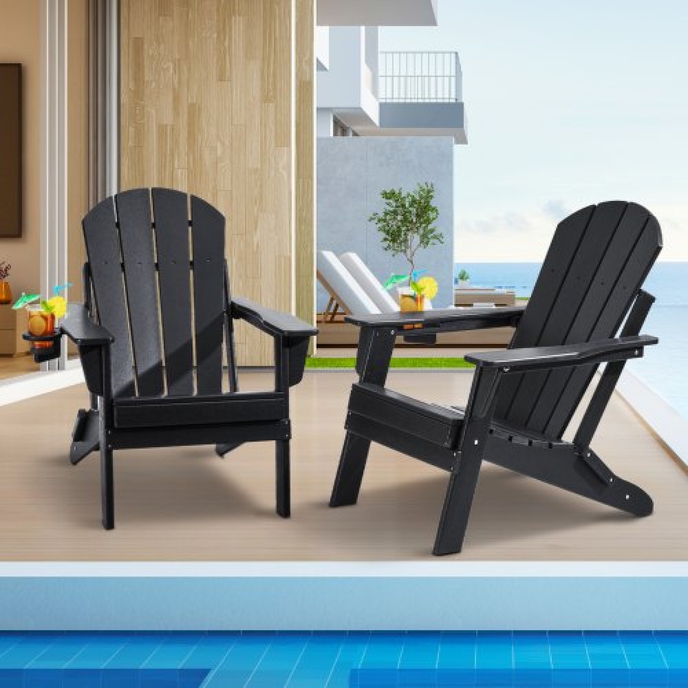 Καρέκλα VEVOR Adirondack Πλαστική, Σετ 2 Φορητή Πτυσσόμενη Πυροσβεστική Καρέκλα Παντός Καιρού, Καρέκλα Αίθριου εξωτερικού χώρου Adirondack με ποτηροθήκη, με Χαλαρωτικό Μπράτσο Εργονομικό, για Κήπο, Πίσω αυλή - Μαύρο