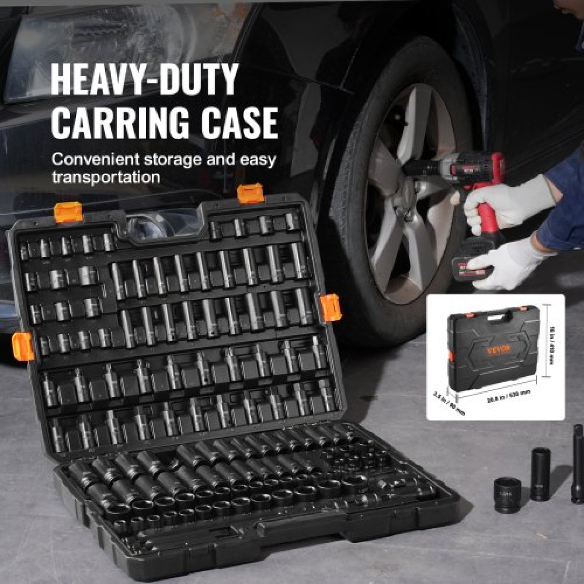 VEVOR Impact Socket Set 130 Piece 3/8" & 1/2" - SAE & Metric Drive Socket Set - 6 Point Cr-Mo Alloy Steel for Auto Repair - Εύκολα στην ανάγνωση ενδείξεις μεγέθους - Περιλαμβάνει θήκη αποθήκευσης