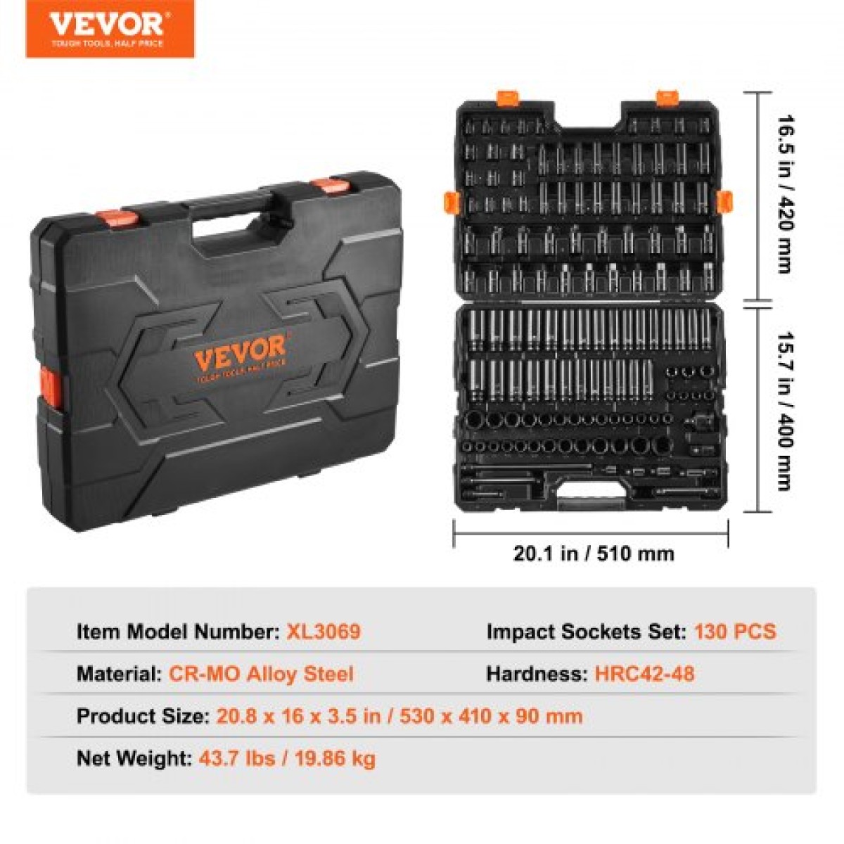 VEVOR Impact Socket Set 130 Piece 3/8" & 1/2" - SAE & Metric Drive Socket Set - 6 Point Cr-Mo Alloy Steel for Auto Repair - Εύκολα στην ανάγνωση ενδείξεις μεγέθους - Περιλαμβάνει θήκη αποθήκευσης