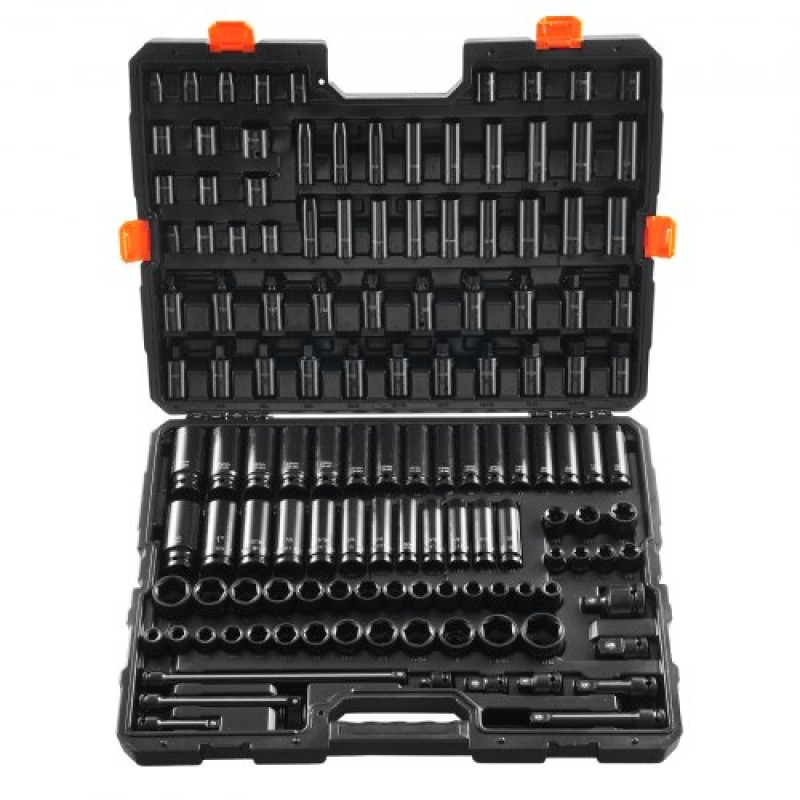 VEVOR Impact Socket Set 130 Piece 3/8" & 1/2" - SAE & Metric Drive Socket Set - 6 Point Cr-Mo Alloy Steel for Auto Repair - Εύκολα στην ανάγνωση ενδείξεις μεγέθους - Περιλαμβάνει θήκη αποθήκευσης
