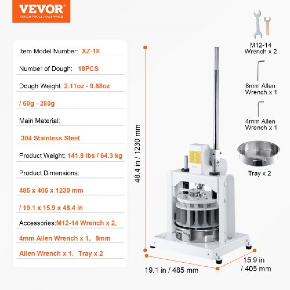 VEVOR Dough Divider Rounder, 18PCS Manual Dough Equal Divider Machine, 2,11oz - 9,88oz Χειροπίεση Κόφτης ζύμης με δίσκο και λεπίδα από ανοξείδωτο ατσάλι 304, Αρτοποιός για αρτοποιεία, εστιατόριο, εμπορικό