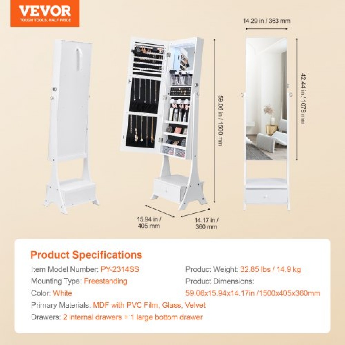 Ντουλάπα κοσμημάτων VEVOR Mirror, όρθιος καθρέφτης με αποθηκευτικό χώρο, οργάνωση καθρέφτη κοσμημάτων με κλειδαριά με καθρέφτη σε όλο το μήκος, βελούδινη επένδυση, εσωτερικό φως LED, συρτάρι, ντουλάπα κοσμημάτων ανεξάρτητα, λευκό
