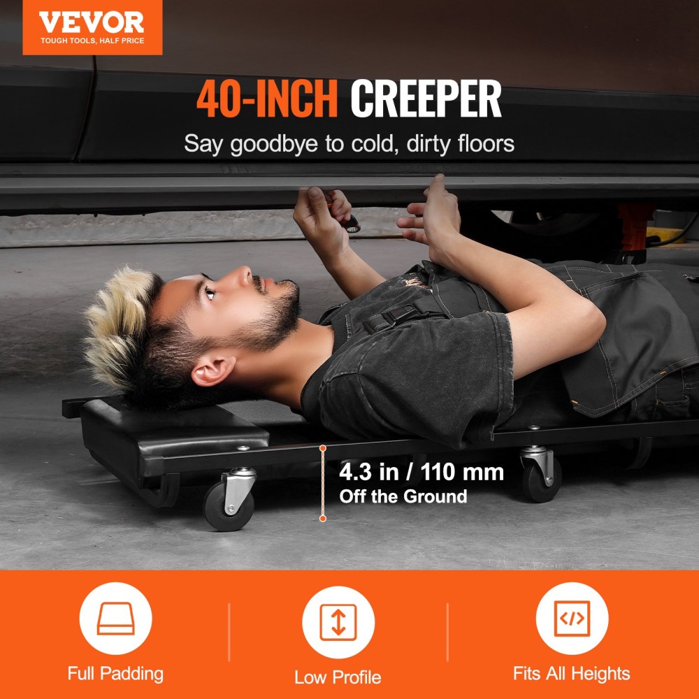 VEVOR Mechanic Garage Creeper, 1016 mm, χωρητικότητας 136,1 kg Automotive Rolling Creeper με 6 ροδάκια με ρυθμιζόμενο προσκέφαλο, βαρέως τύπου ατσάλινο πλαίσιο χαμηλού προφίλ για γκαράζ, συνεργεία επισκευής και DIY