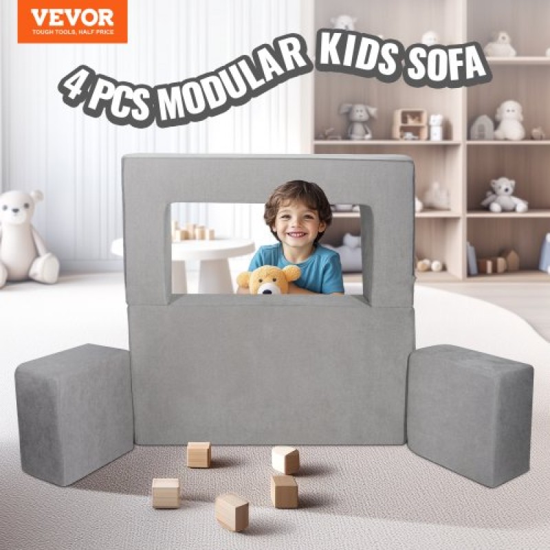 VEVOR Παιδικός καναπές, 4 τμχ Modular Kids Play Καναπές, Καναπές για νήπια-κρεβάτι, Παιδική Καρέκλα Έπιπλα Playroom, Παιδικός τμηματικός καναπές με αφαιρούμενο κάλυμμα για παιδιά, κορίτσια και αγόρια, γκρι