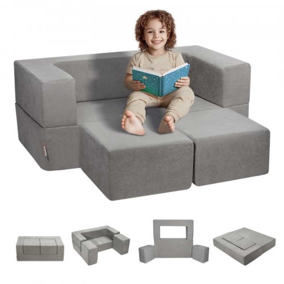 VEVOR Παιδικός καναπές, 4 τμχ Modular Kids Play Καναπές, Καναπές για νήπια-κρεβάτι, Παιδική Καρέκλα Έπιπλα Playroom, Παιδικός τμηματικός καναπές με αφαιρούμενο κάλυμμα για παιδιά, κορίτσια και αγόρια, γκρι