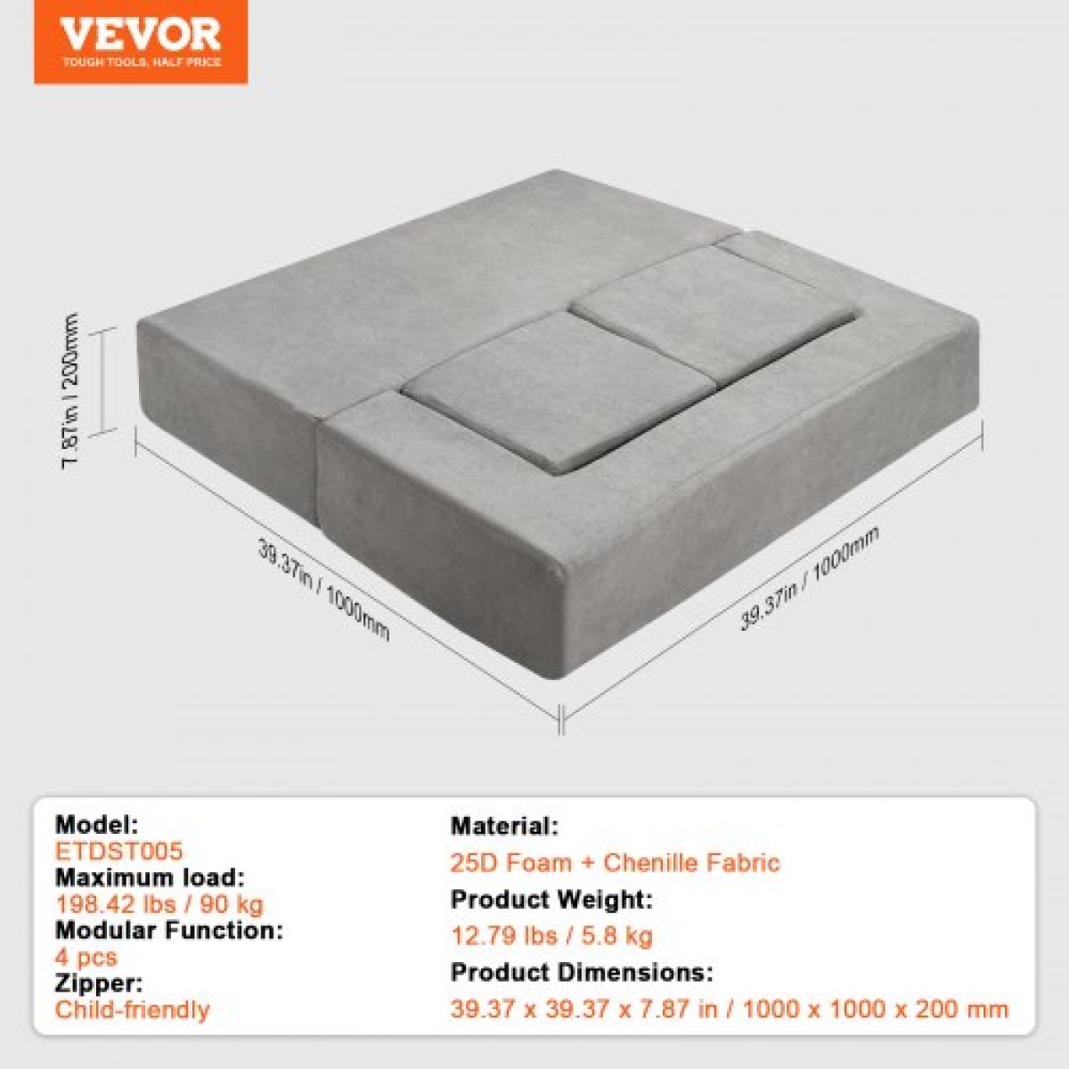 VEVOR Παιδικός καναπές, 4 τμχ Modular Kids Play Καναπές, Καναπές για νήπια-κρεβάτι, Παιδική Καρέκλα Έπιπλα Playroom, Παιδικός τμηματικός καναπές με αφαιρούμενο κάλυμμα για παιδιά, κορίτσια και αγόρια, γκρι