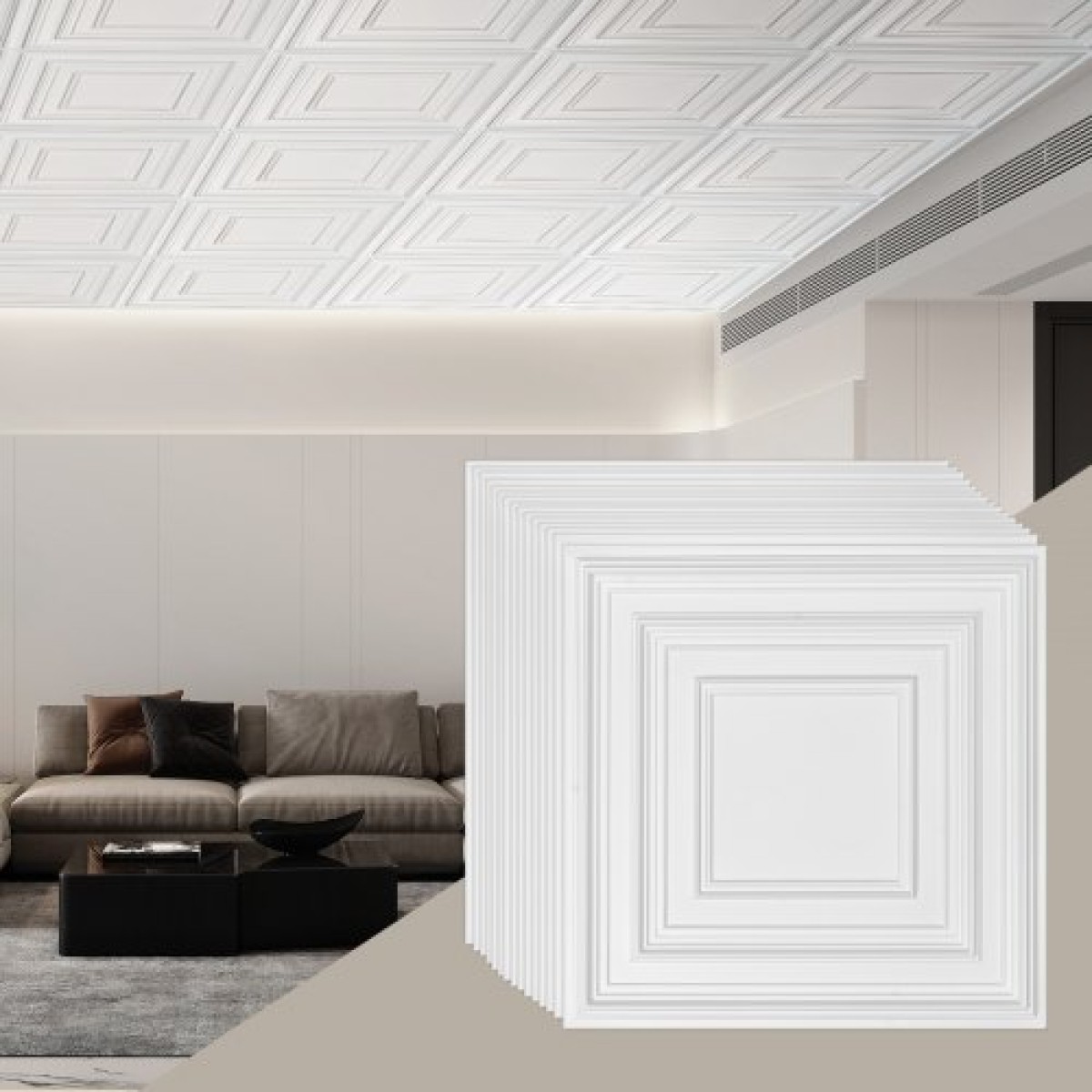 Πλακάκια οροφής VEVOR 12-συσκευασία 61 cm x 61 cm PVC Εύκολη τοποθέτηση Λευκό μοτίβο μανταλάκι