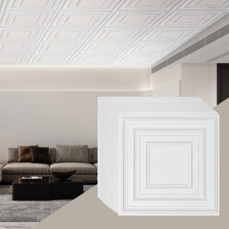 Πλακάκια οροφής VEVOR 12-συσκευασία 61 cm x 61 cm PVC Εύκολη τοποθέτηση Λευκό μοτίβο μανταλάκι