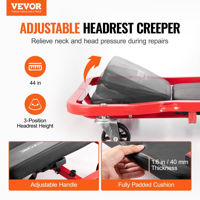 VEVOR Mechanic Garage Creeper, 1118 mm, χωρητικότητας 136,1 kg Automotive Rolling Creeper με 6 ρυθμιζόμενους τροχούς, ρυθμιζόμενο δίσκο εργαλείου προσκέφαλου, βαρέως τύπου ατσάλινο πλαίσιο για γκαράζ, επισκευαστήρια και DIY