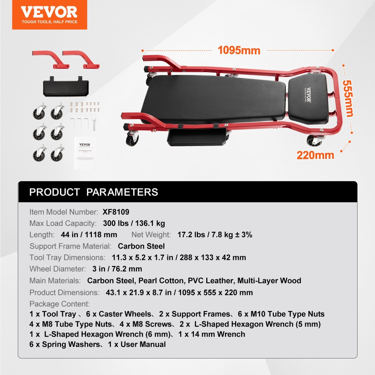 VEVOR Mechanic Garage Creeper, 1118 mm, χωρητικότητας 136,1 kg Automotive Rolling Creeper με 6 ρυθμιζόμενους τροχούς, ρυθμιζόμενο δίσκο εργαλείου προσκέφαλου, βαρέως τύπου ατσάλινο πλαίσιο για γκαράζ, επισκευαστήρια και DIY
