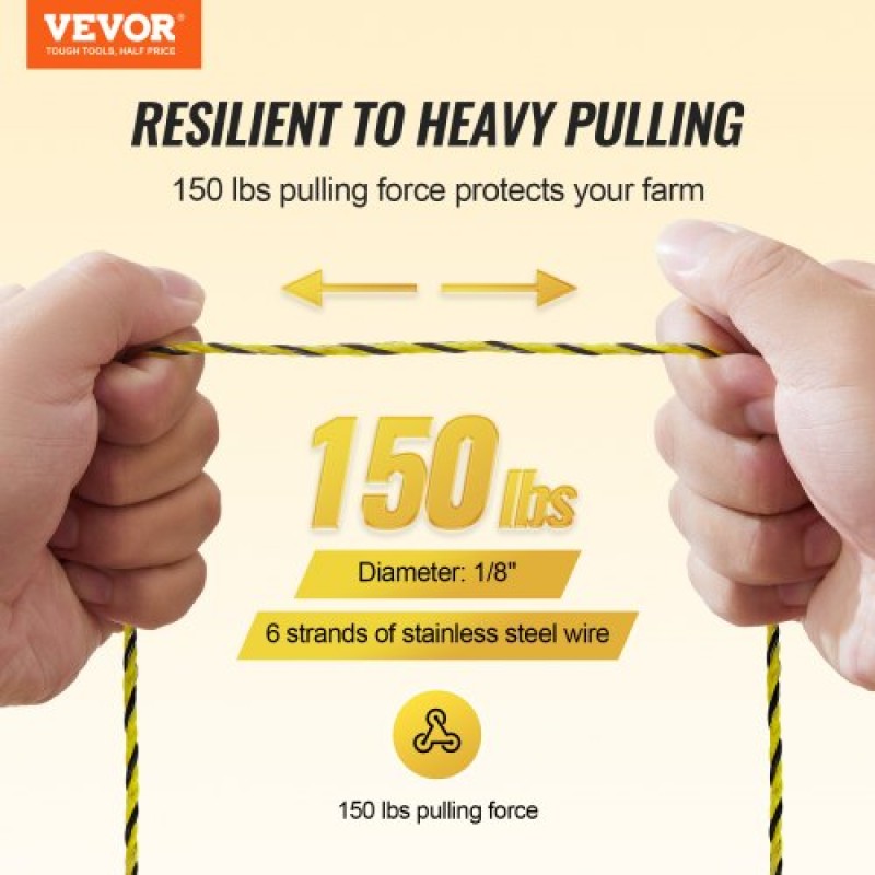 VEVOR Electric Fence Wire, 3366Ft 1026M Portable Polywire, 1/8" Diameter 6 Inox Strands for Αξιόπιστη αγωγιμότητα και UV, Αντοχή στη σκουριά, Σχοινί περίφραξης για άλογα, βοοειδή, ζώα