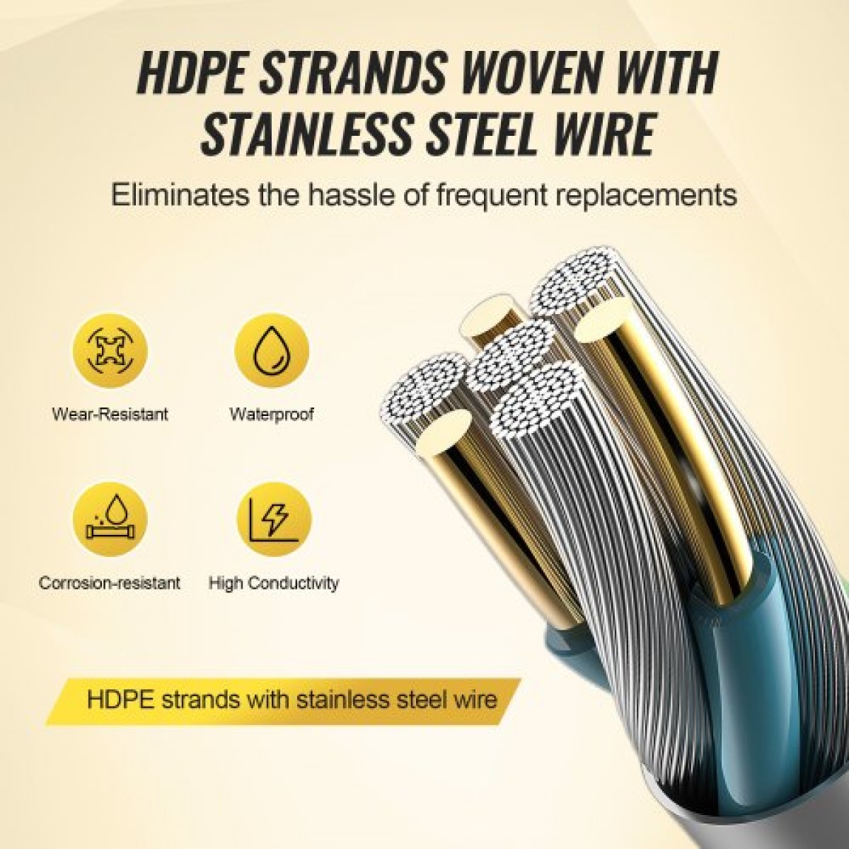 VEVOR Electric Fence Wire, 3366Ft 1026M Portable Polywire, 1/8" Diameter 6 Inox Strands for Αξιόπιστη αγωγιμότητα και UV, Αντοχή στη σκουριά, Σχοινί περίφραξης για άλογα, βοοειδή, ζώα