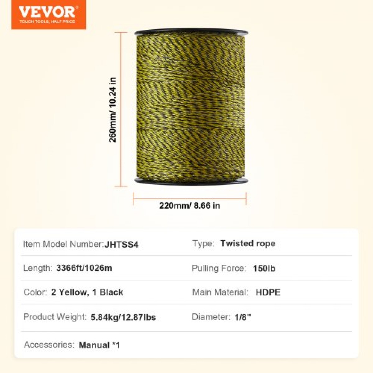 VEVOR Electric Fence Wire, 3366Ft 1026M Portable Polywire, 1/8" Diameter 6 Inox Strands for Αξιόπιστη αγωγιμότητα και UV, Αντοχή στη σκουριά, Σχοινί περίφραξης για άλογα, βοοειδή, ζώα