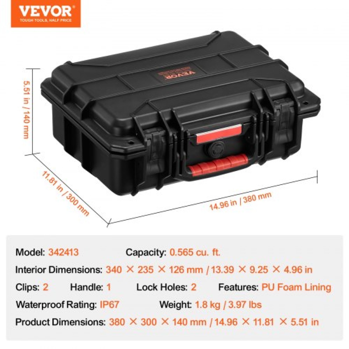 Αδιάβροχη σκληρή θήκη VEVOR, προστατευτική θήκη για στεγνό κουτί βαρέως τύπου με προκομμένο αφρό και αναδιπλούμενες λαβές έλξης για ταξίδια, κυνήγι, στρατιωτικές, τακτικές, αδιάβροχη θήκη για κάμερες IP67 (40x32x16,6)