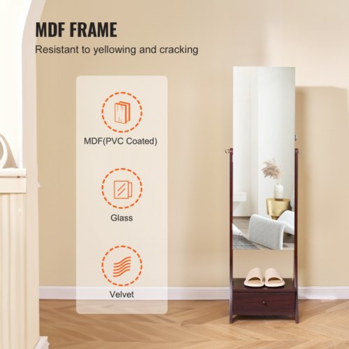 Ντουλάπα κοσμημάτων VEVOR Mirror, όρθιος καθρέφτης με αποθηκευτικό χώρο, οργάνωση καθρέφτη κοσμημάτων με δυνατότητα κλειδώματος με καθρέφτη σε όλο το μήκος, βελούδινη επένδυση, εσωτερικό φως LED, συρτάρι, ντουλάπα κοσμημάτων ανεξάρτητη, καφέ