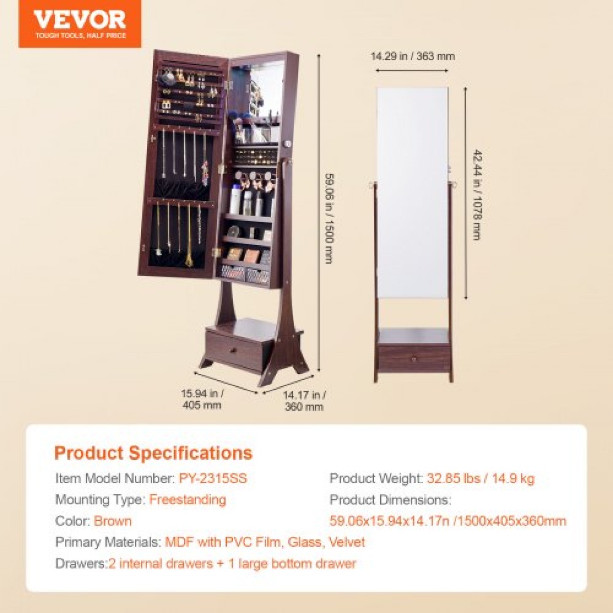 Ντουλάπα κοσμημάτων VEVOR Mirror, όρθιος καθρέφτης με αποθηκευτικό χώρο, οργάνωση καθρέφτη κοσμημάτων με δυνατότητα κλειδώματος με καθρέφτη σε όλο το μήκος, βελούδινη επένδυση, εσωτερικό φως LED, συρτάρι, ντουλάπα κοσμημάτων ανεξάρτητη, καφέ