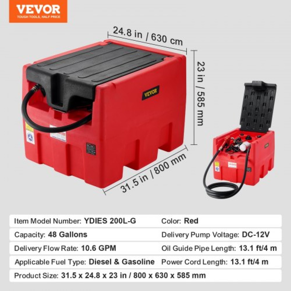 VEVOR Φορητό ρεζερβουάρ ντίζελ & βενζίνης 181,7 L δοχείο καυσίμου με αντλία μεταφοράς 12 V