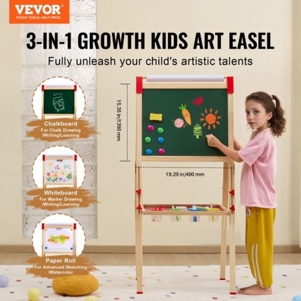 VEVOR Art Easel για Παιδιά, Ξύλινο Παιδικό Καλλιτεχνικό Καβαλέτο 3 σε 1 Διπλής Όψης με Μαγνητικό Πίνακα, Μαυροπίνακα & Χάρτινο Ρολό, Ρυθμιζόμενη όρθια σανίδα σχεδίασης με αξεσουάρ ζωγραφικής για αγόρια και κορίτσια