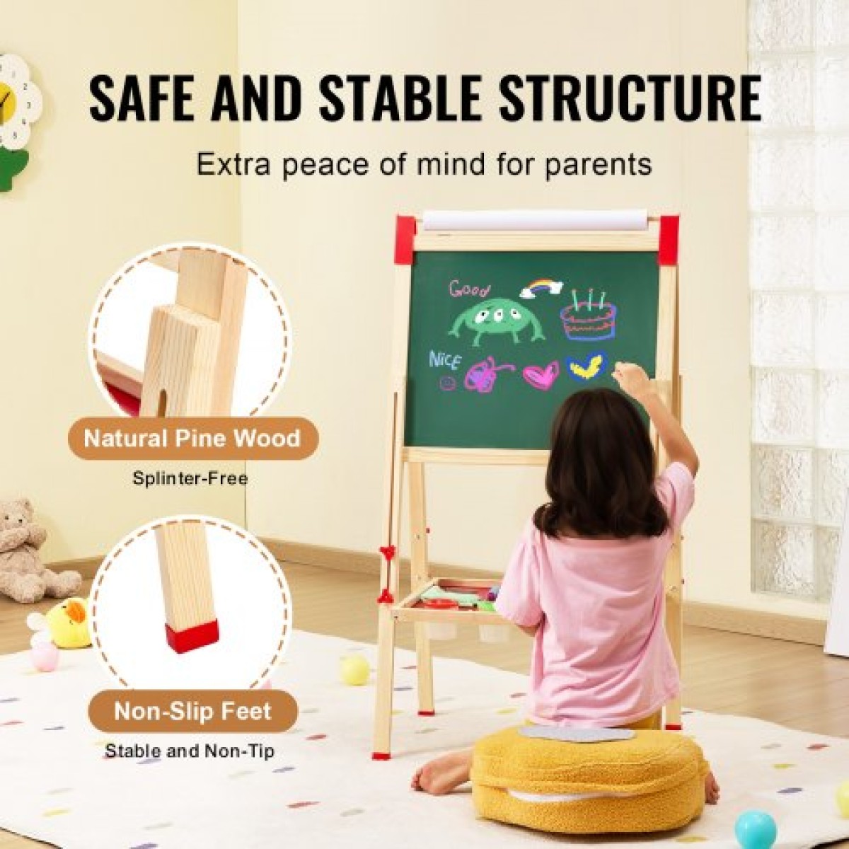 VEVOR Art Easel για Παιδιά, Ξύλινο Παιδικό Καλλιτεχνικό Καβαλέτο 3 σε 1 Διπλής Όψης με Μαγνητικό Πίνακα, Μαυροπίνακα & Χάρτινο Ρολό, Ρυθμιζόμενη όρθια σανίδα σχεδίασης με αξεσουάρ ζωγραφικής για αγόρια και κορίτσια