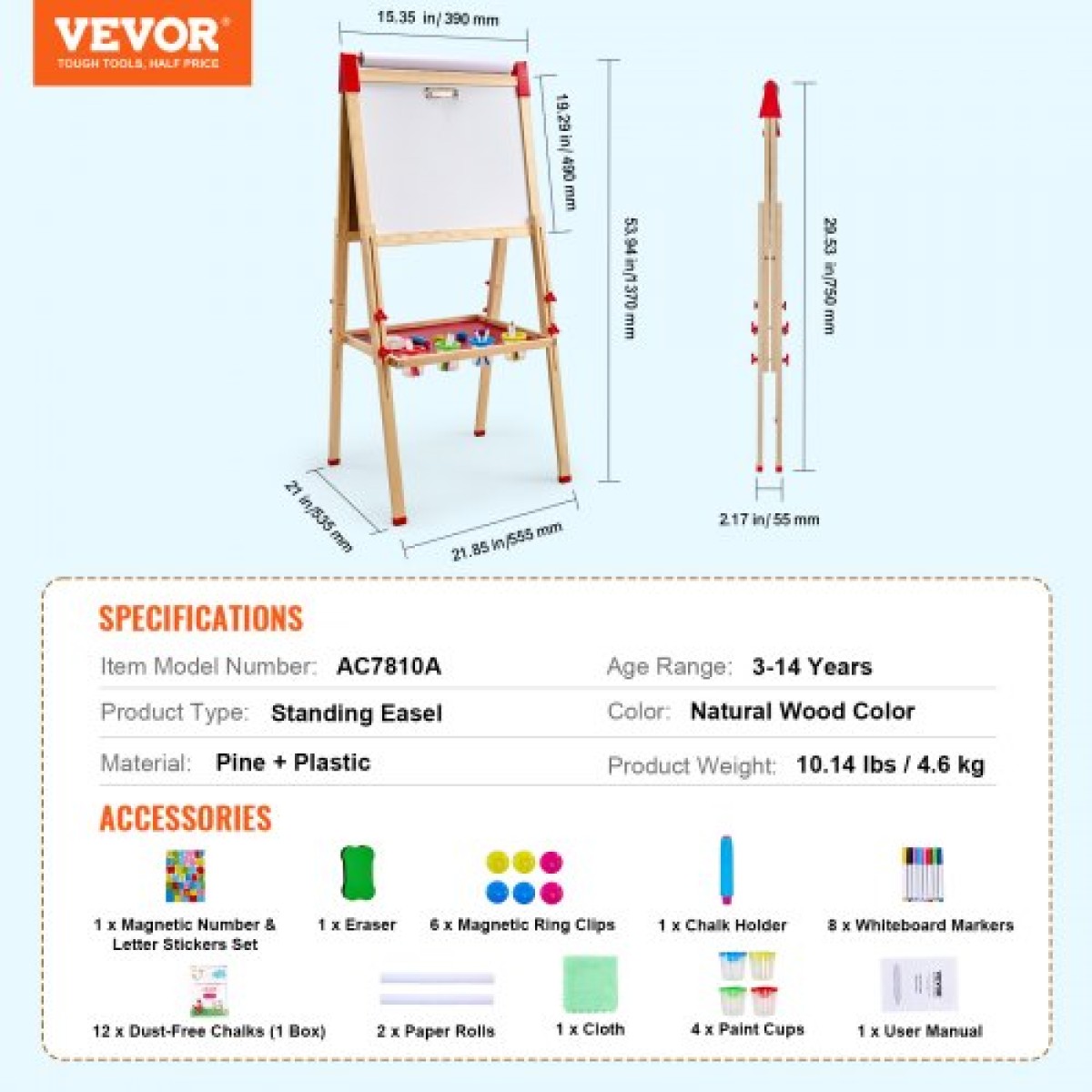 VEVOR Art Easel για Παιδιά, Ξύλινο Παιδικό Καλλιτεχνικό Καβαλέτο 3 σε 1 Διπλής Όψης με Μαγνητικό Πίνακα, Μαυροπίνακα & Χάρτινο Ρολό, Ρυθμιζόμενη όρθια σανίδα σχεδίασης με αξεσουάρ ζωγραφικής για αγόρια και κορίτσια