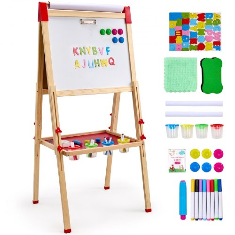 VEVOR Art Easel για Παιδιά, Ξύλινο Παιδικό Καλλιτεχνικό Καβαλέτο 3 σε 1 Διπλής Όψης με Μαγνητικό Πίνακα, Μαυροπίνακα & Χάρτινο Ρολό, Ρυθμιζόμενη όρθια σανίδα σχεδίασης με αξεσουάρ ζωγραφικής για αγόρια και κορίτσια