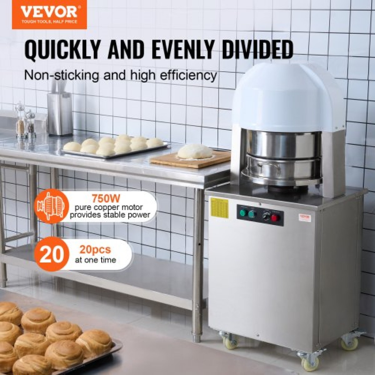 VEVOR Electric Divider Dough, 20PCS Automatic Dough Dividing Machine cutting, 2.12oz - 9.17oz Equal Duugh Cutter with Pure Copper Motor and 304 Inox Trade Tray, for Bakery, Restaurant