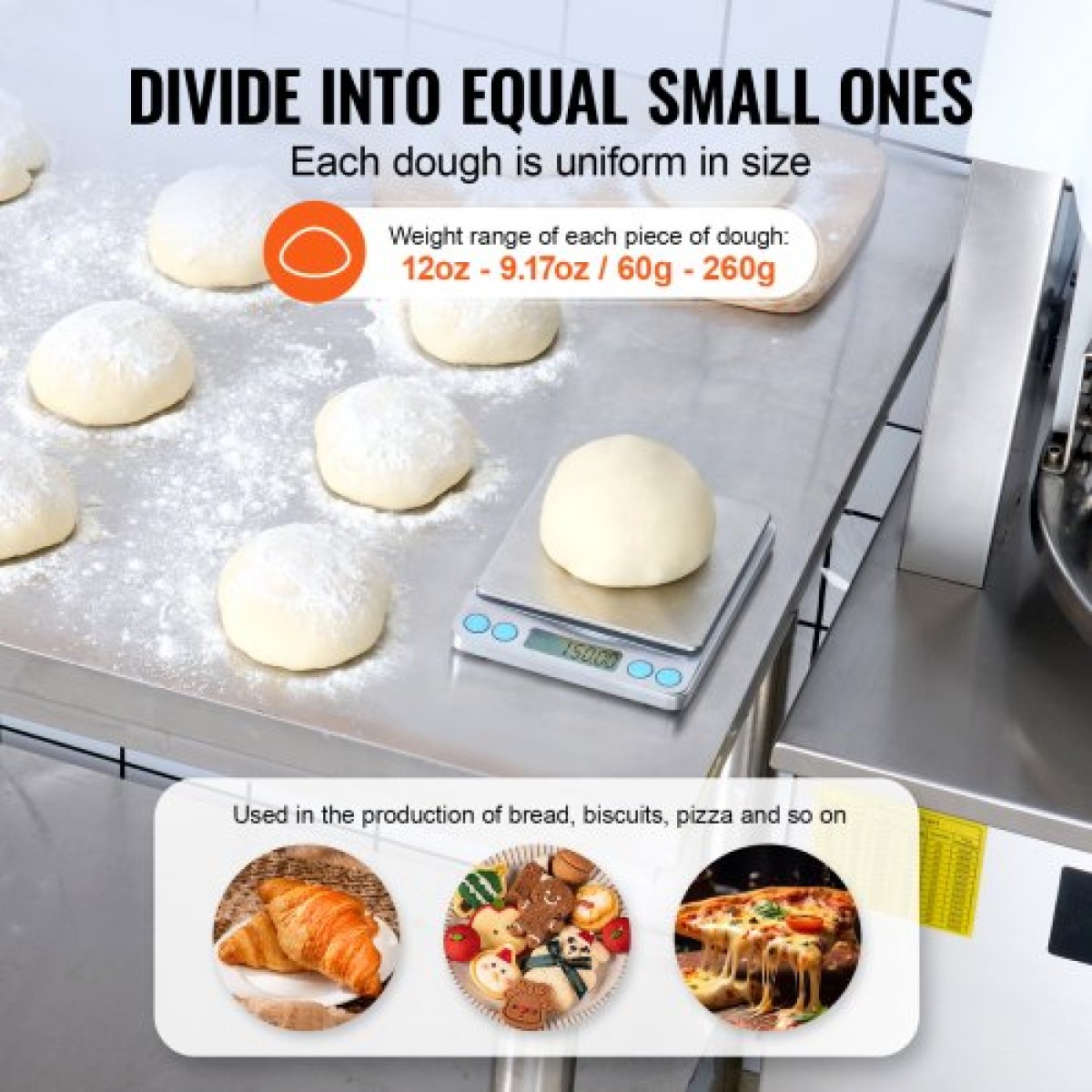 VEVOR Electric Divider Dough, 20PCS Automatic Dough Dividing Machine cutting, 2.12oz - 9.17oz Equal Duugh Cutter with Pure Copper Motor and 304 Inox Trade Tray, for Bakery, Restaurant