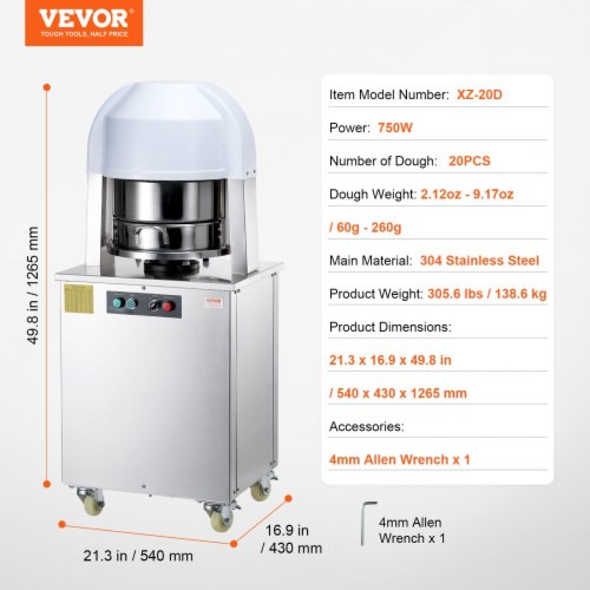 VEVOR Electric Divider Dough, 20PCS Automatic Dough Dividing Machine cutting, 2.12oz - 9.17oz Equal Duugh Cutter with Pure Copper Motor and 304 Inox Trade Tray, for Bakery, Restaurant