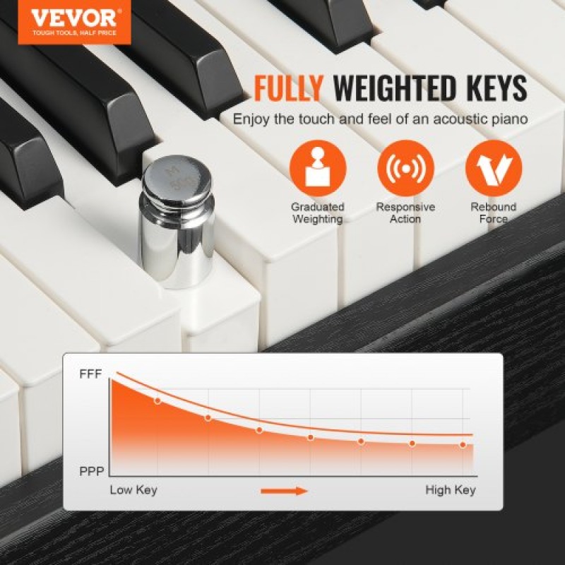 VEVOR Weighted Digital Piano, Πλήκτρα 88 Πλήκτρων Πλήρως Ζυγισμένη, Διπλό Πληκτρολόγιο & Ηχεία Απλή βάση ντουλαπιού με διπλά ακουστικά 200 τόνους & ρυθμούς, υποστήριξη Bluetooth/USB/MIDI, Μάθημα για καθηγητές