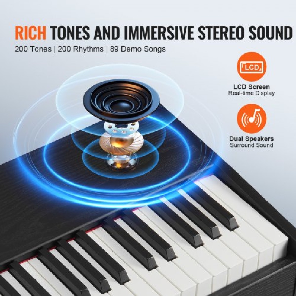 VEVOR Weighted Digital Piano, Πλήκτρα 88 Πλήκτρων Πλήρως Ζυγισμένη, Διπλό Πληκτρολόγιο & Ηχεία Απλή βάση ντουλαπιού με διπλά ακουστικά 200 τόνους & ρυθμούς, υποστήριξη Bluetooth/USB/MIDI, Μάθημα για καθηγητές